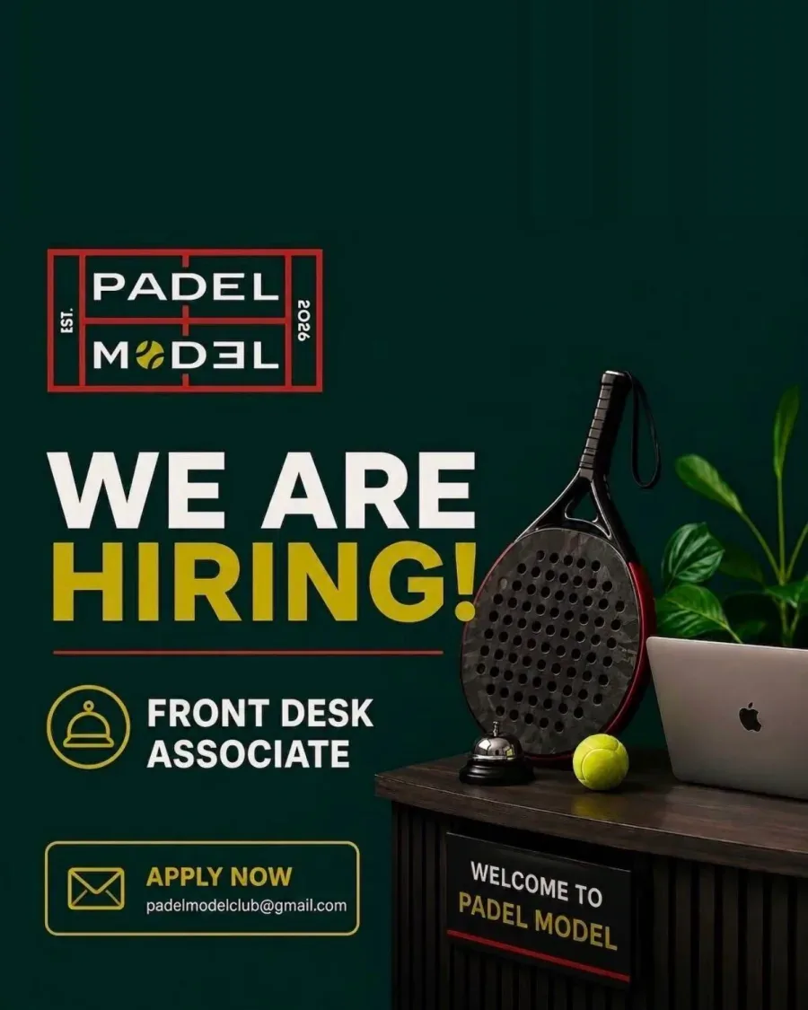 Padel Model recruiting poster for a Front Desk Associate, with a racket and service bell on the reception desk.