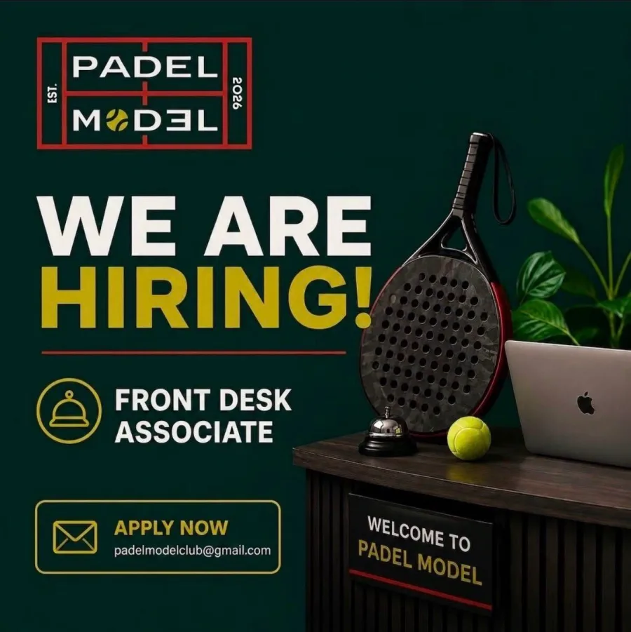 Padel Model recruiting poster for a Front Desk Associate, with a racket and service bell on the reception desk.